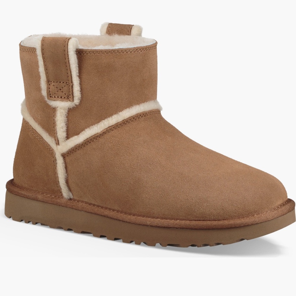 Uggs Mini Classic Genuine Shearling Tan Suede Ankle Boots with Shearling Lining